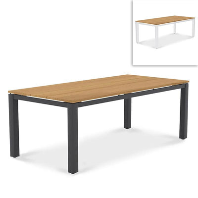 Planka Alu-Esstisch Set 210 bestehend aus Planka Alu-Esstisch 210x100 pulverbeschichtet Teak Grade A gebürstet mit Aluminiumgestell und Gazelig Stapelstühlen aus Aluminium und Batyline