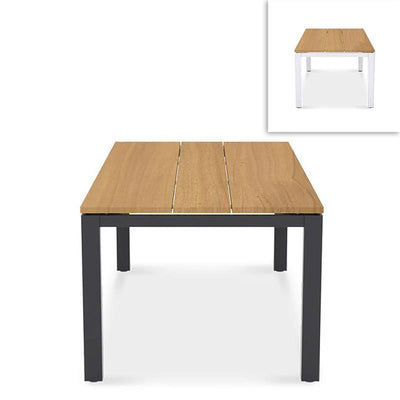 Planka Alu-Esstisch Set 210 bestehend aus Planka Alu-Esstisch 210x100 pulverbeschichtet Teak Grade A gebürstet mit Aluminiumgestell und Gazelig Stapelstühlen aus Aluminium und Batyline