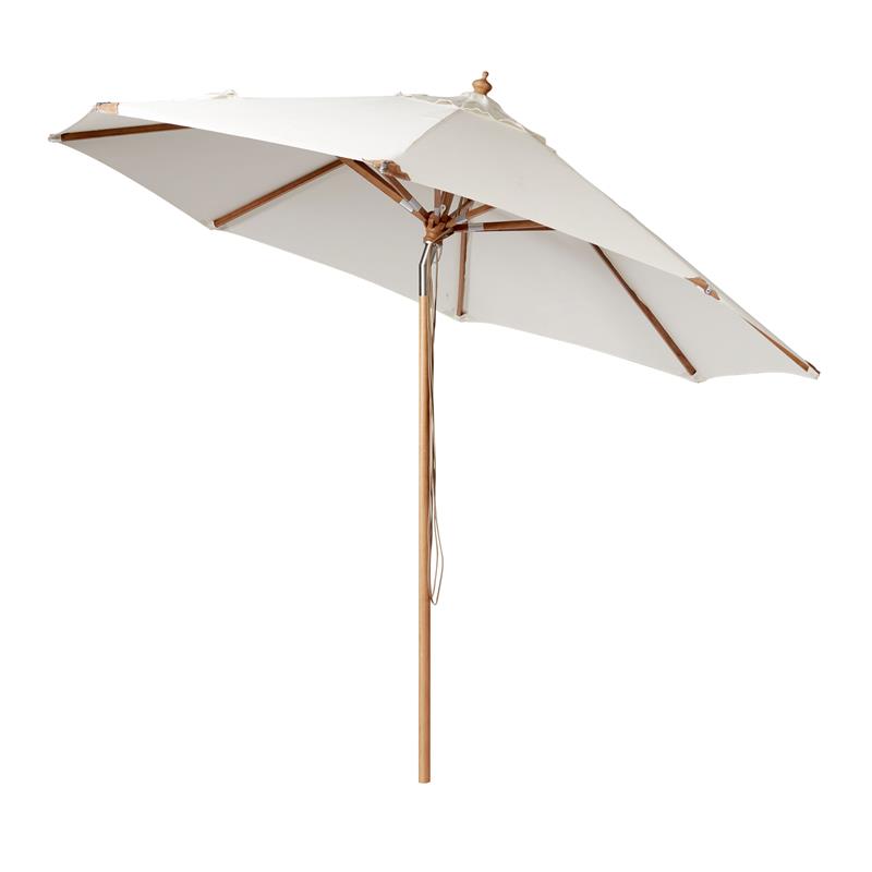 Parasol Cinas Pomino 330 cm rond blanc naturel - structure en bois dur aspect teck avec ferrure pliante