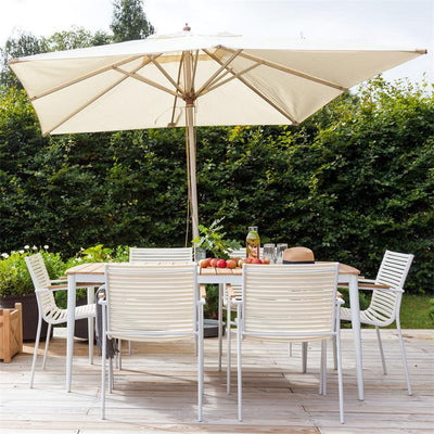 Table Rio 180 x 90 cm rectangulaire en aluminium blanc thermolaqué avec plateau en teck