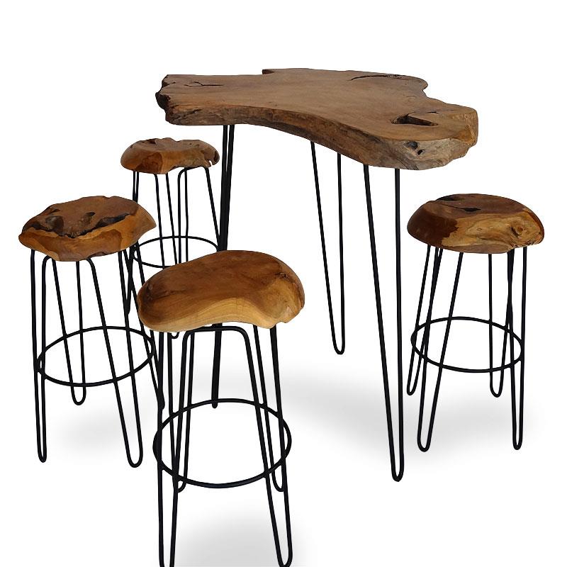 Table de bar en teck Root en bois de racine de teck massif, finition naturelle - avec pieds en acier