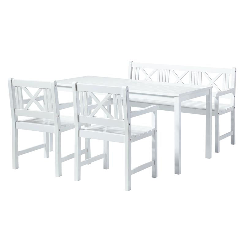 Ensemble de jardin Rosenborg - table + banc + 2x chaises - bois d'acajou certifié, laqué blanc brillant