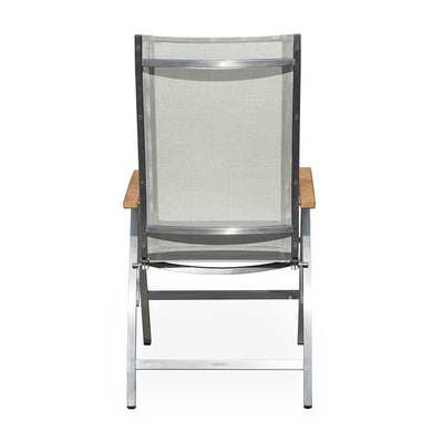 Chaise à dossier haut Alzette en acier inoxydable avec accoudoirs en Batyline et teck