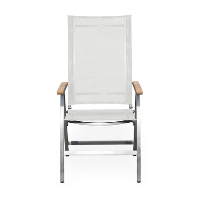 Chaise à dossier haut Alzette en acier inoxydable avec accoudoirs en Batyline et teck