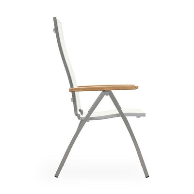 Chaise à dossier haut Alzette en acier inoxydable avec accoudoirs en Batyline et teck