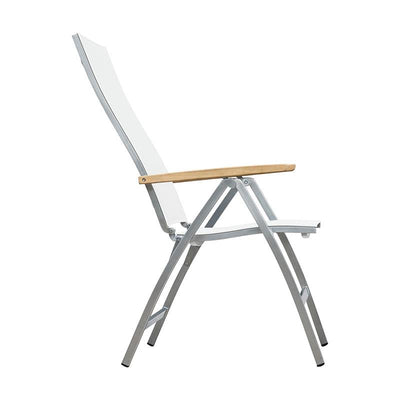 Chaise à dossier haut Alzette en acier inoxydable avec accoudoirs en Batyline et teck