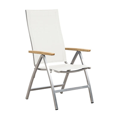 Chaise à dossier haut Alzette en acier inoxydable avec accoudoirs en Batyline et teck
