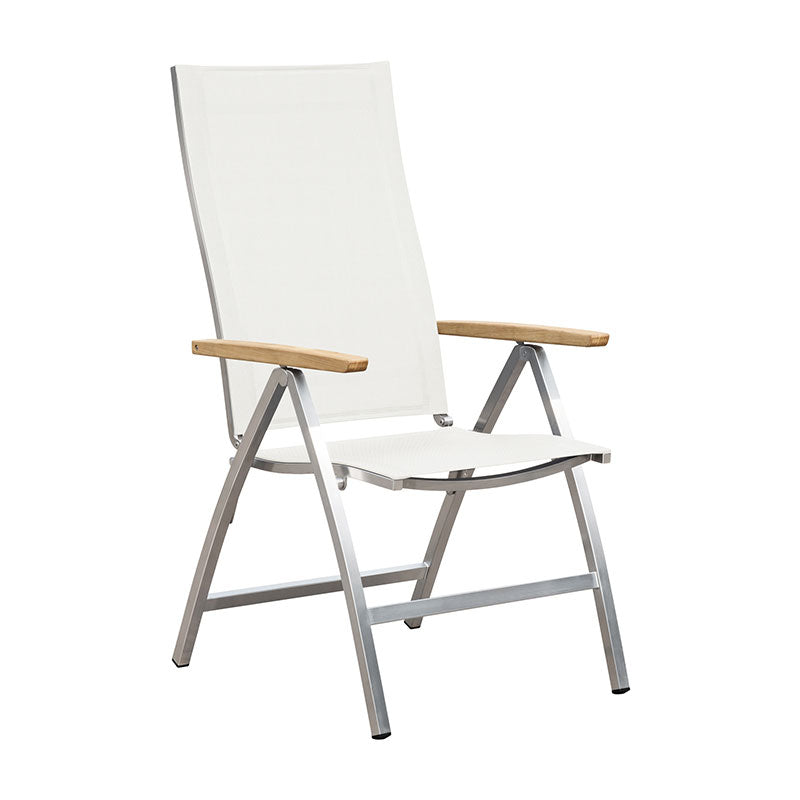 Chaise à dossier haut Alzette en acier inoxydable avec accoudoirs en Batyline et teck