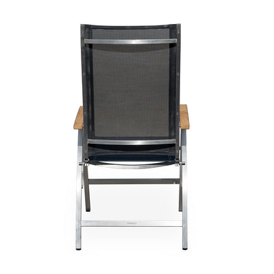 Chaise à dossier haut Alzette en acier inoxydable avec accoudoirs en Batyline et teck