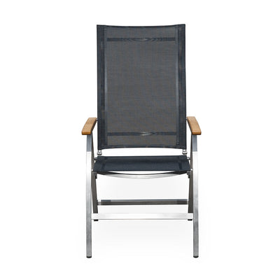 Chaise à dossier haut Alzette en acier inoxydable avec accoudoirs en Batyline et teck