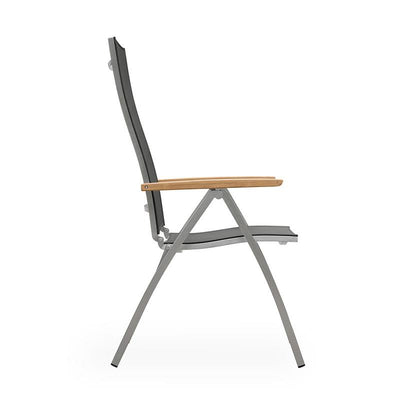 Chaise à dossier haut Alzette en acier inoxydable avec accoudoirs en Batyline et teck