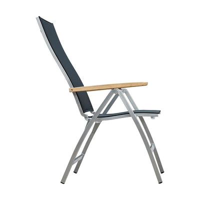 Chaise à dossier haut Alzette en acier inoxydable avec accoudoirs en Batyline et teck