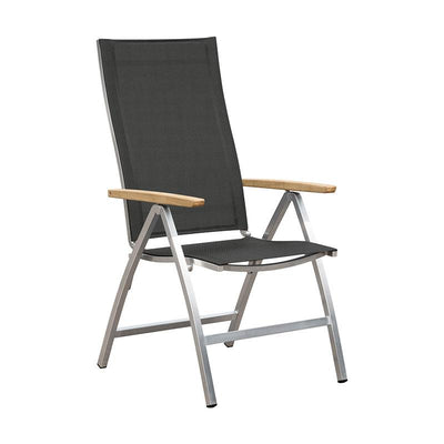 Chaise à dossier haut Alzette en acier inoxydable avec accoudoirs en Batyline et teck