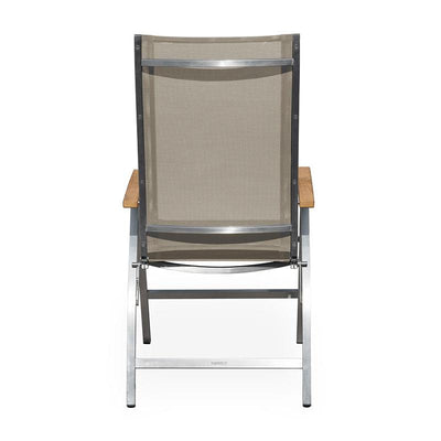 Chaise à dossier haut Alzette en acier inoxydable avec accoudoirs en Batyline et teck