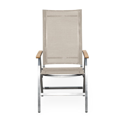Chaise à dossier haut Alzette en acier inoxydable avec accoudoirs en Batyline et teck