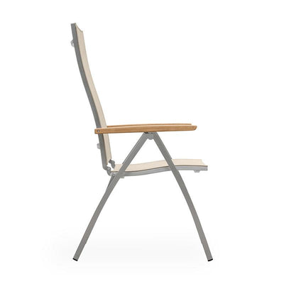 Chaise à dossier haut Alzette en acier inoxydable avec accoudoirs en Batyline et teck