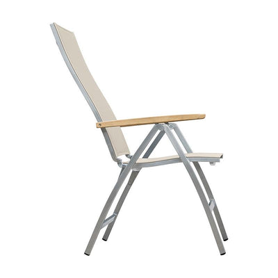 Chaise à dossier haut Alzette en acier inoxydable avec accoudoirs en Batyline et teck