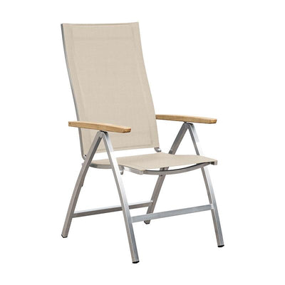 Chaise à dossier haut Alzette en acier inoxydable avec accoudoirs en Batyline et teck