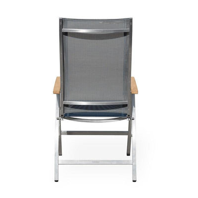 Chaise à dossier haut Alzette en acier inoxydable avec accoudoirs en Batyline et teck
