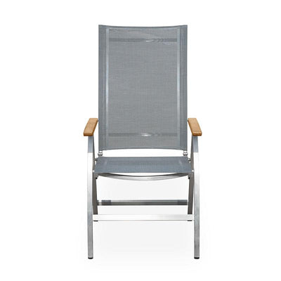 Chaise à dossier haut Alzette en acier inoxydable avec accoudoirs en Batyline et teck
