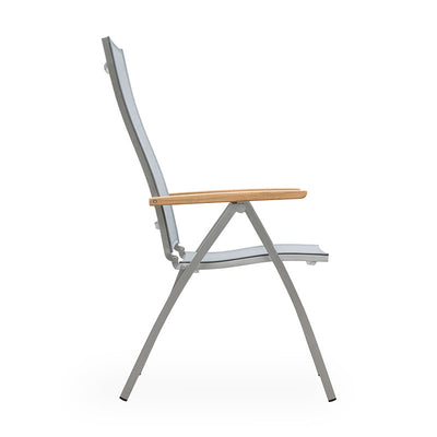 Chaise à dossier haut Alzette en acier inoxydable avec accoudoirs en Batyline et teck