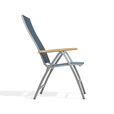 Chaise à dossier haut Alzette en acier inoxydable avec accoudoirs en Batyline et teck