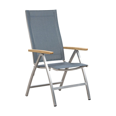 Chaise à dossier haut Alzette en acier inoxydable avec accoudoirs en Batyline et teck
