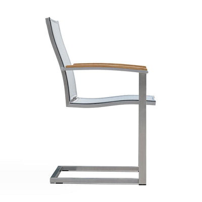 Fauteuil luge empilable Alzette en acier inoxydable avec accoudoirs en Batyline et teck