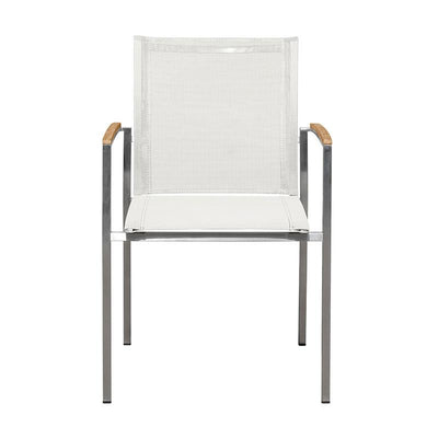 Chaise empilable Alzette Eco en acier inoxydable avec Batyline et accoudoirs en teck