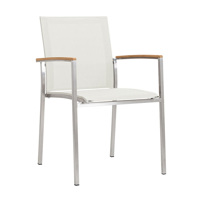 Chaise empilable Alzette Eco en acier inoxydable avec Batyline et accoudoirs en teck