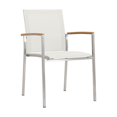 Chaise empilable Alzette Eco en acier inoxydable avec Batyline et accoudoirs en teck