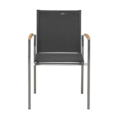 Chaise empilable Alzette Eco en acier inoxydable avec Batyline et accoudoirs en teck