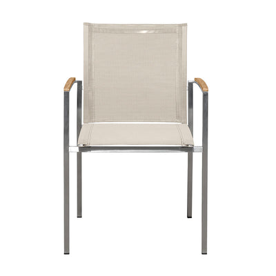 Chaise empilable Alzette Eco en acier inoxydable avec Batyline et accoudoirs en teck