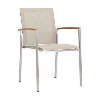 Chaise empilable Alzette Eco en acier inoxydable avec Batyline et accoudoirs en teck