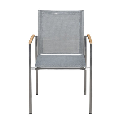 Chaise empilable Alzette Eco en acier inoxydable avec Batyline et accoudoirs en teck