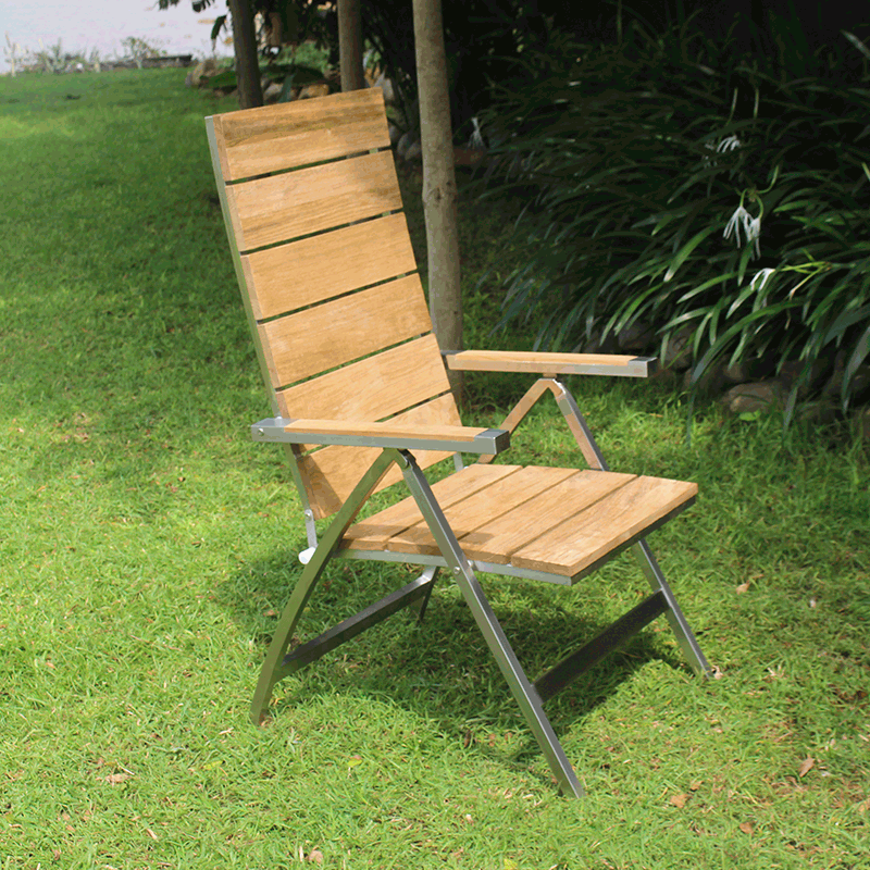 Chaise à dossier haut Zilart en teck grade A brossé - Teck GRADE A NATUREL brossé + structure en acier inoxydable