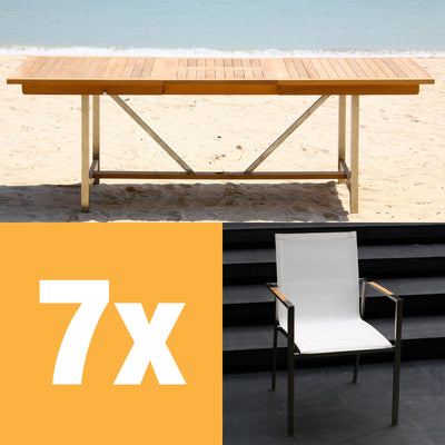 Ensemble de table extensible Alzette 220 composé d'une table extensible Moselle 220/160 x 100 en teck avec structure en acier inoxydable et de chaises empilables Alzette en teck avec revêtement Batyline