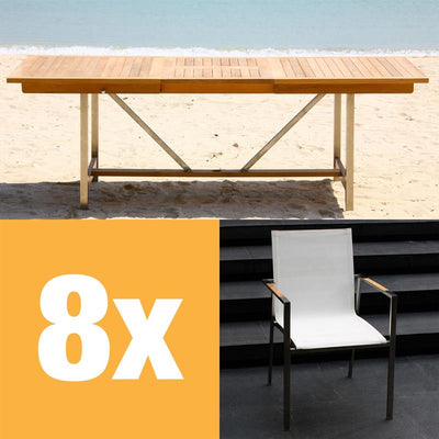 Ensemble de table extensible Alzette 220 composé d'une table extensible Moselle 220/160 x 100 en teck avec structure en acier inoxydable et de chaises empilables Alzette en teck avec revêtement Batyline