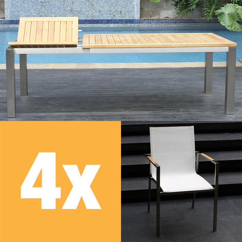 Alzette front extending table set 230 consisting of Florence front extending table 230/160 x 100 teak with stainless steel frame and Alzette stacking chairs stainless steel with Batyline covering