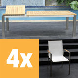 Alzette front extending table set 230 consisting of Florence front extending table 230/160 x 100 teak with stainless steel frame and Alzette stacking chairs stainless steel with Batyline covering
