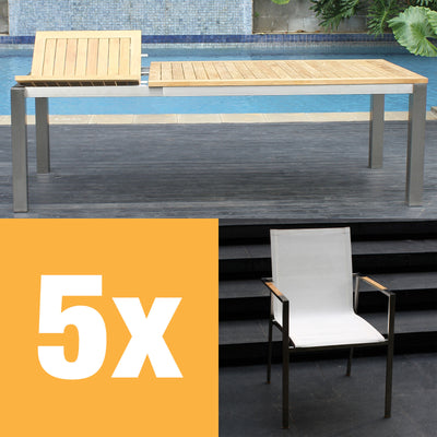 Ensemble de table à rallonge frontale Alzette 230 composé d'une table à rallonge frontale Florence 230/160 x 100 en teck avec structure en acier inoxydable et de chaises empilables Alzette en acier inoxydable avec revêtement Batyline