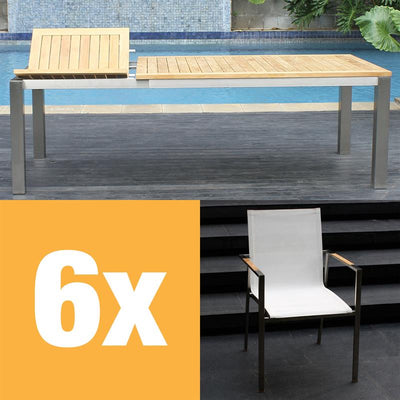 Ensemble de table à rallonge frontale Alzette 230 composé d'une table à rallonge frontale Florence 230/160 x 100 en teck avec structure en acier inoxydable et de chaises empilables Alzette en acier inoxydable avec revêtement Batyline