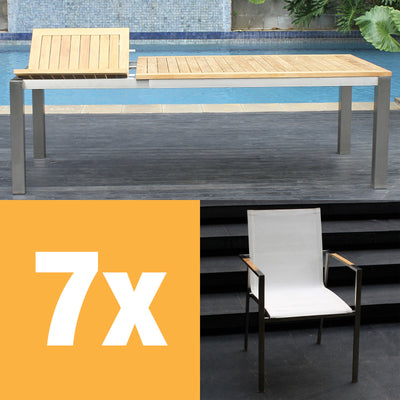 Ensemble de table à rallonge frontale Alzette 230 composé d'une table à rallonge frontale Florence 230/160 x 100 en teck avec structure en acier inoxydable et de chaises empilables Alzette en acier inoxydable avec revêtement Batyline
