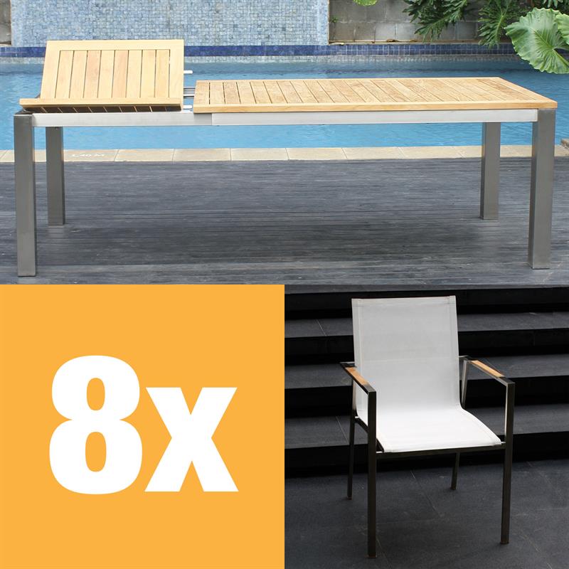 Alzette front extending table set 230 consisting of Florence front extending table 230/160 x 100 teak with stainless steel frame and Alzette stacking chairs stainless steel with Batyline covering