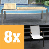 Alzette front extending table set 230 consisting of Florence front extending table 230/160 x 100 teak with stainless steel frame and Alzette stacking chairs stainless steel with Batyline covering