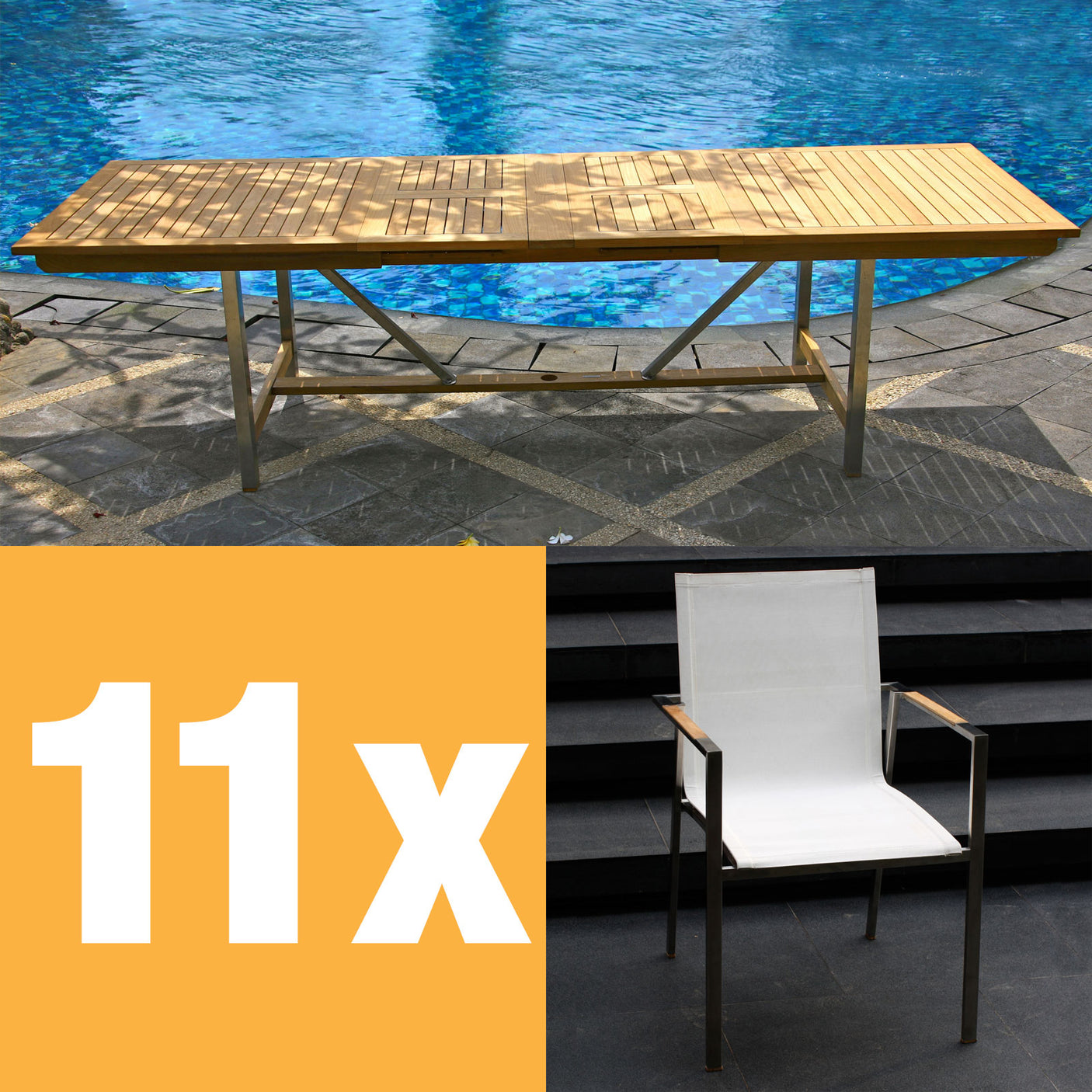 Ensemble de table extensible Alzette 280 composé d'une table extensible double Moselle 280/235/190 et de chaises empilables Alzette