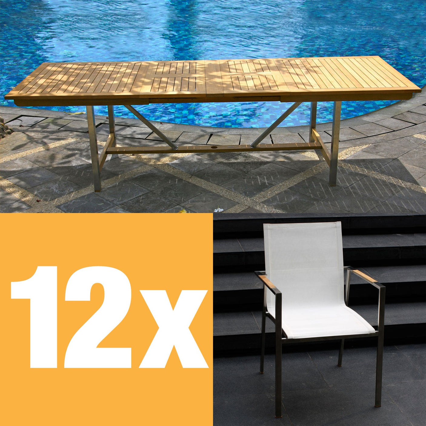 Ensemble de table extensible Alzette 280 composé d'une table extensible double Moselle 280/235/190 et de chaises empilables Alzette
