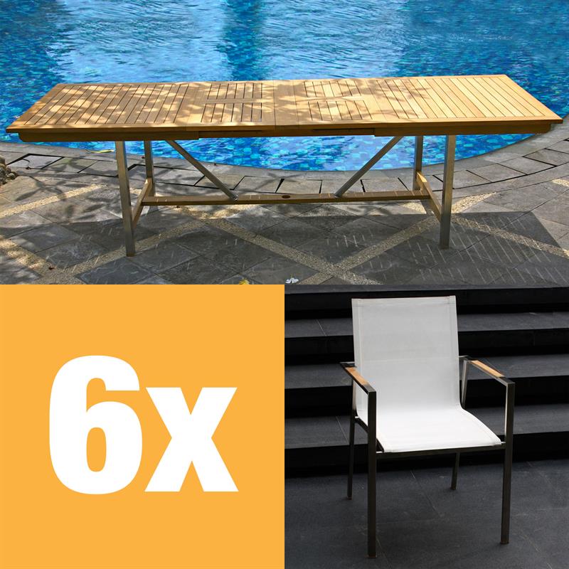 Ensemble de table extensible Alzette 280 composé d'une table extensible double Moselle 280/235/190 et de chaises empilables Alzette