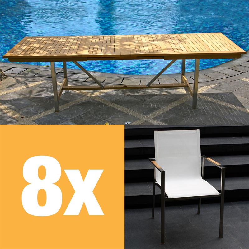 Ensemble de table extensible Alzette 280 composé d'une table extensible double Moselle 280/235/190 et de chaises empilables Alzette
