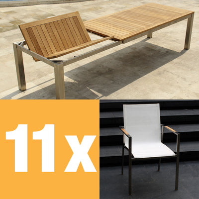 Ensemble de table à rallonge frontale Alzette 310 composé d'une table à rallonge frontale Florence 310/210 x 100 en teck avec structure en acier inoxydable et de chaises empilables Alzette en acier inoxydable avec revêtement Batyline